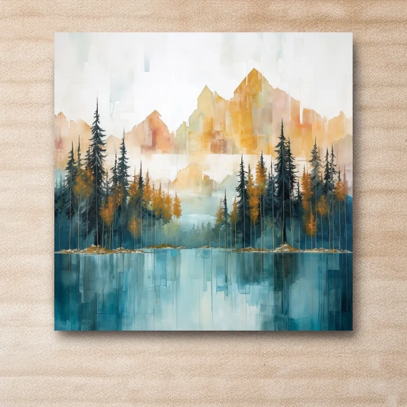 Watercolour painting of an alpine lake in the mountains
