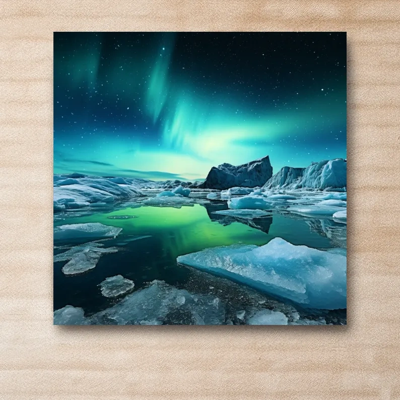 Photographic art, turquoise northen lights over the artic ice