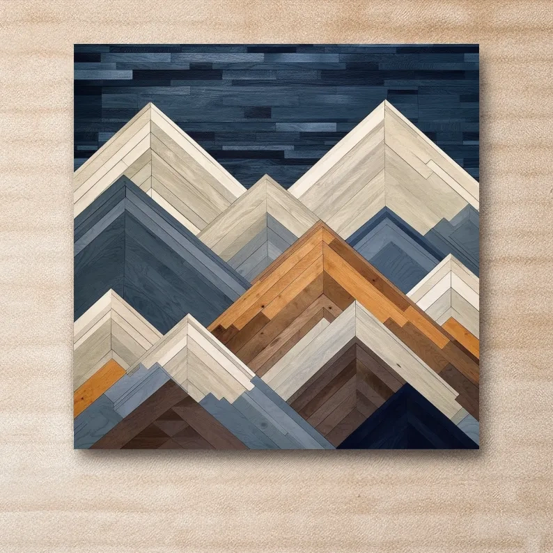 Wooden panel art, mountain ranges made from wood print