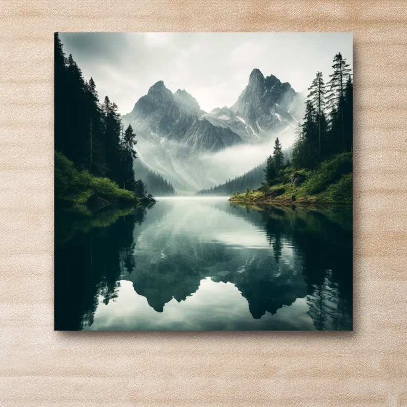 Misty Alpine Mountain Lake Reflection - Moody Pine Forest Photographic Wall Art
