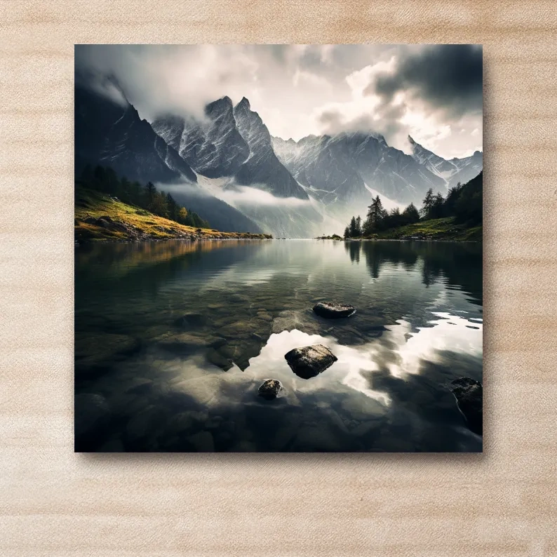 Photographic art, dramatic clouds over an alpine lake