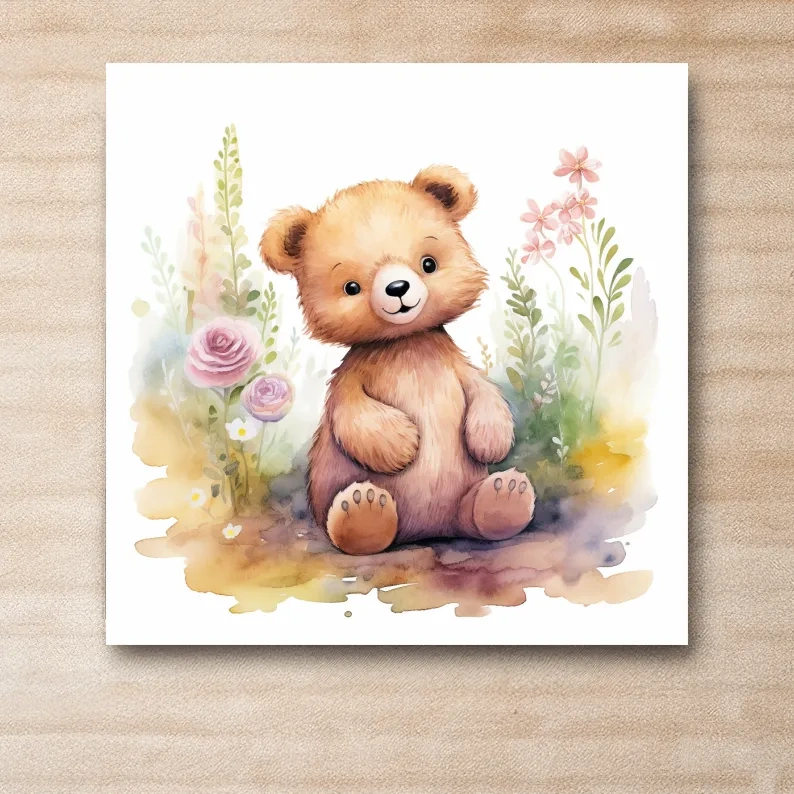 Cute Watercolor Teddy Bear With Pastel Flowers - Nursery Animal Wall Art