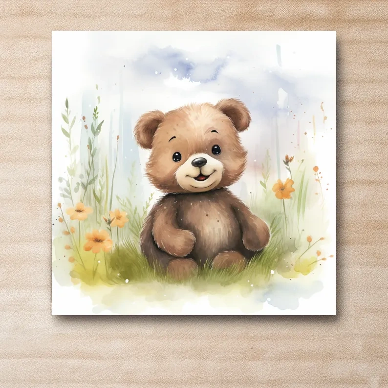 Nursery illustration, watercolor painting of a cute happy bear cub