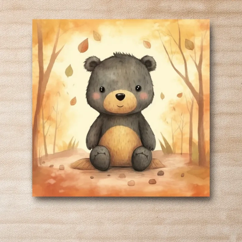 An illustration of a cute bear sitting in the forest, childrens art