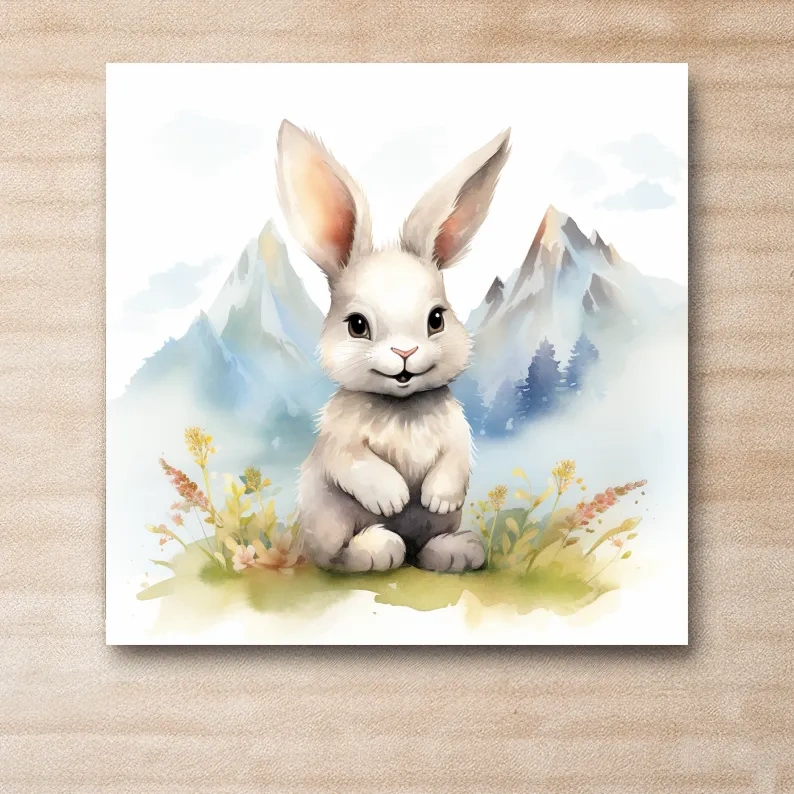 Nursery art - watercolor painting of a cute bunny rabbit in the mountains