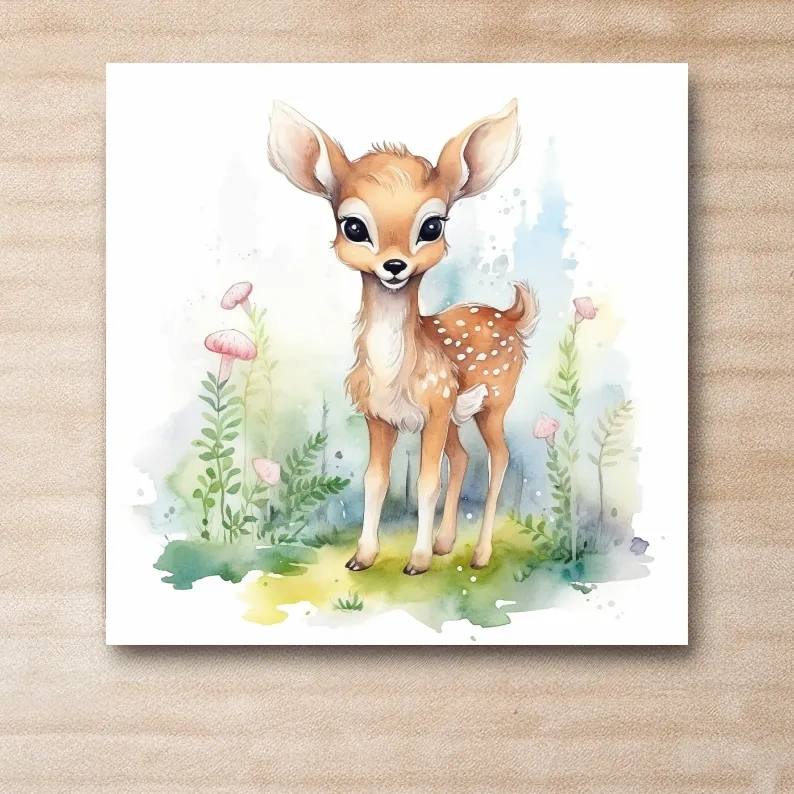 Nursery art, watercolor painting of a cute fawn in the forest
