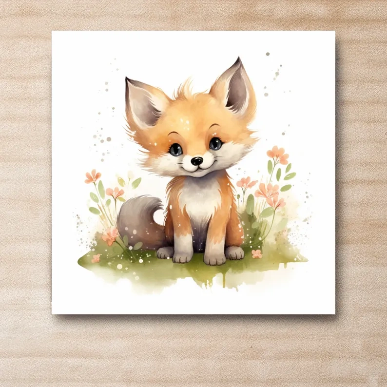 Watercolor illustration, a cute fox cub in the flowers, nursery art