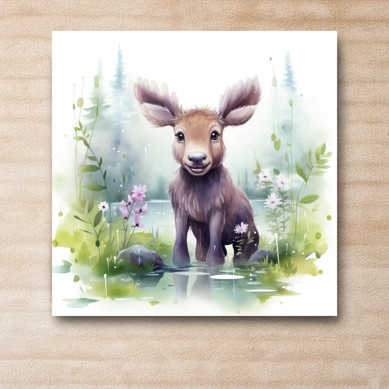 Watercolor painting of a cute baby moose in the forest, nursery art