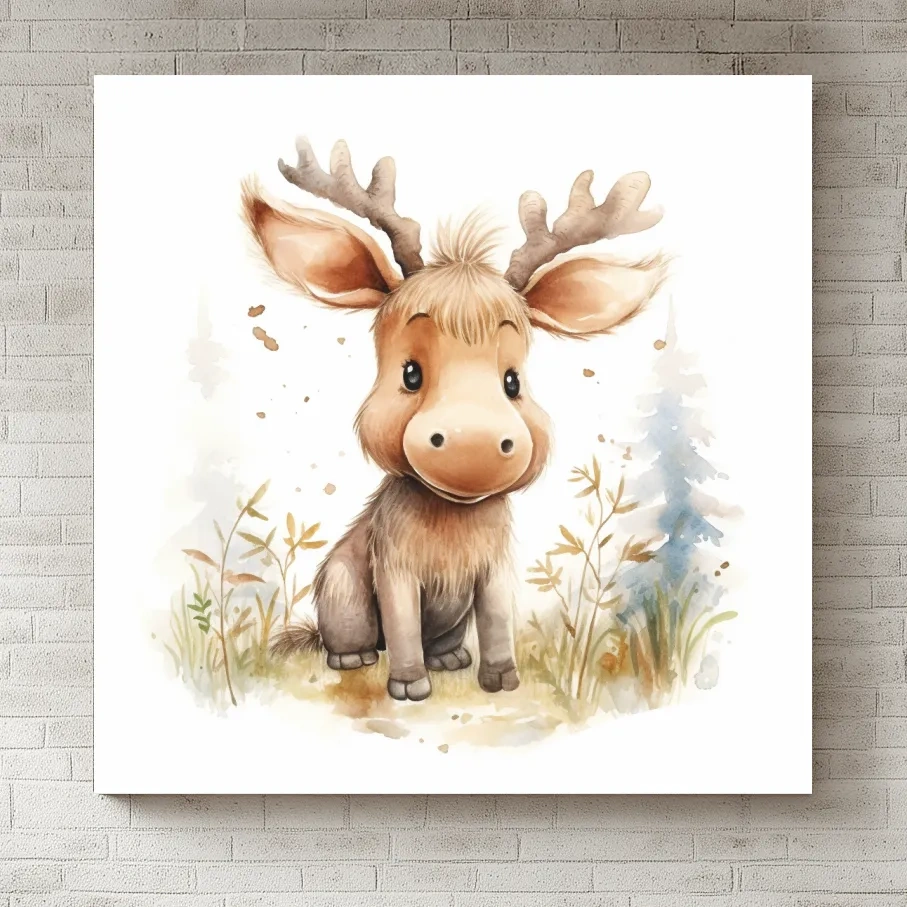 Watercolor illustration, a cute baby moose in the forest, nursery art 