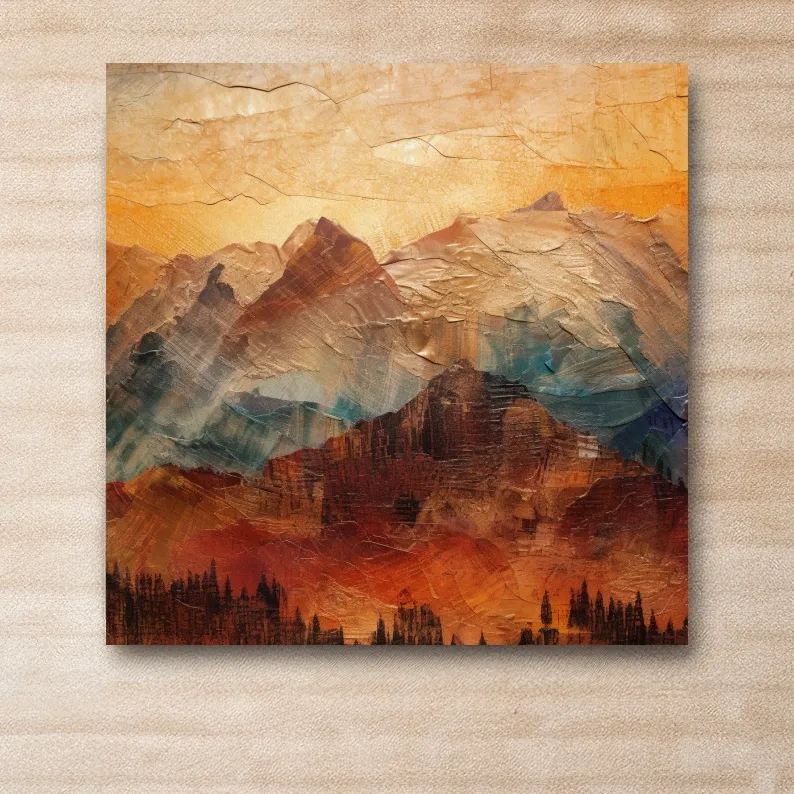 Rustic textured painting effect artwork of mountains at sunset