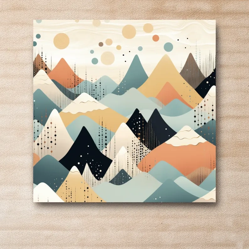 Mid-century bohemian art, pastel mountain patterns