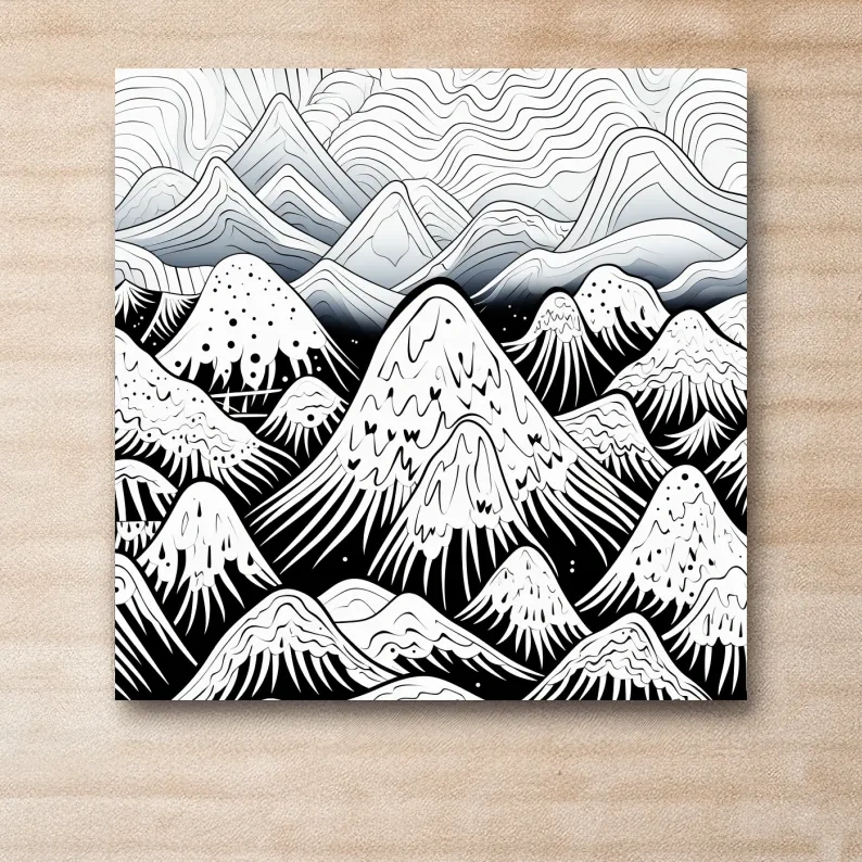 Black and white illustration of snowy mountain peaks