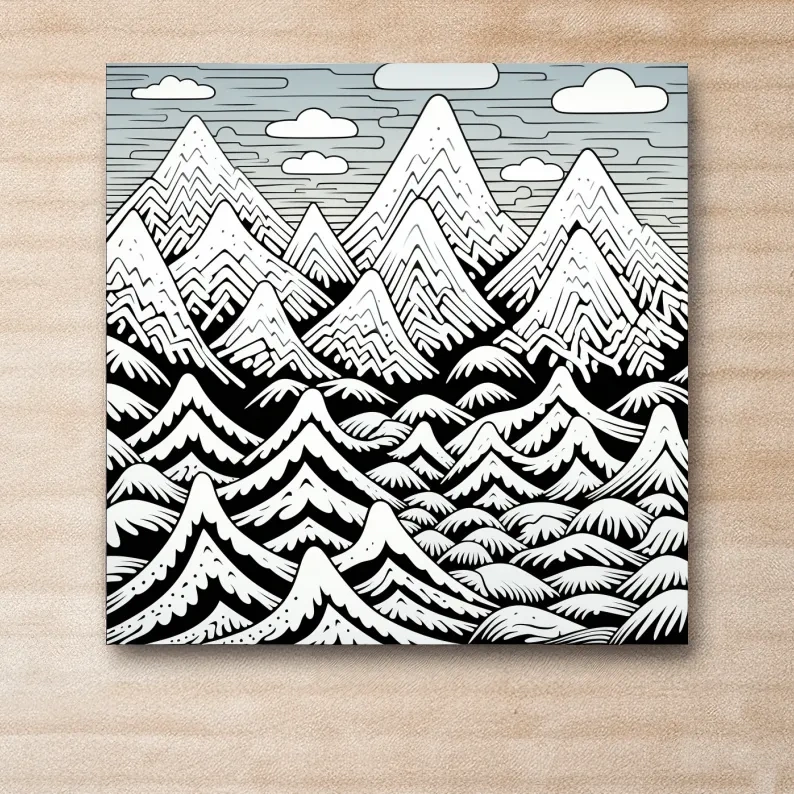 Black and white illustration drawing of snowy mountain patterns