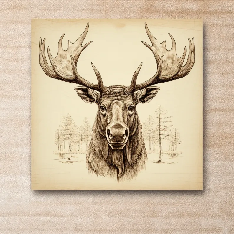 Vintage portrait style pencil drawing of a moose head