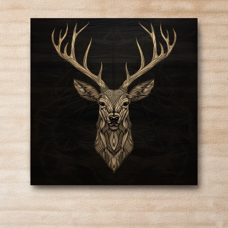 Wood engraving artwork of a deer head