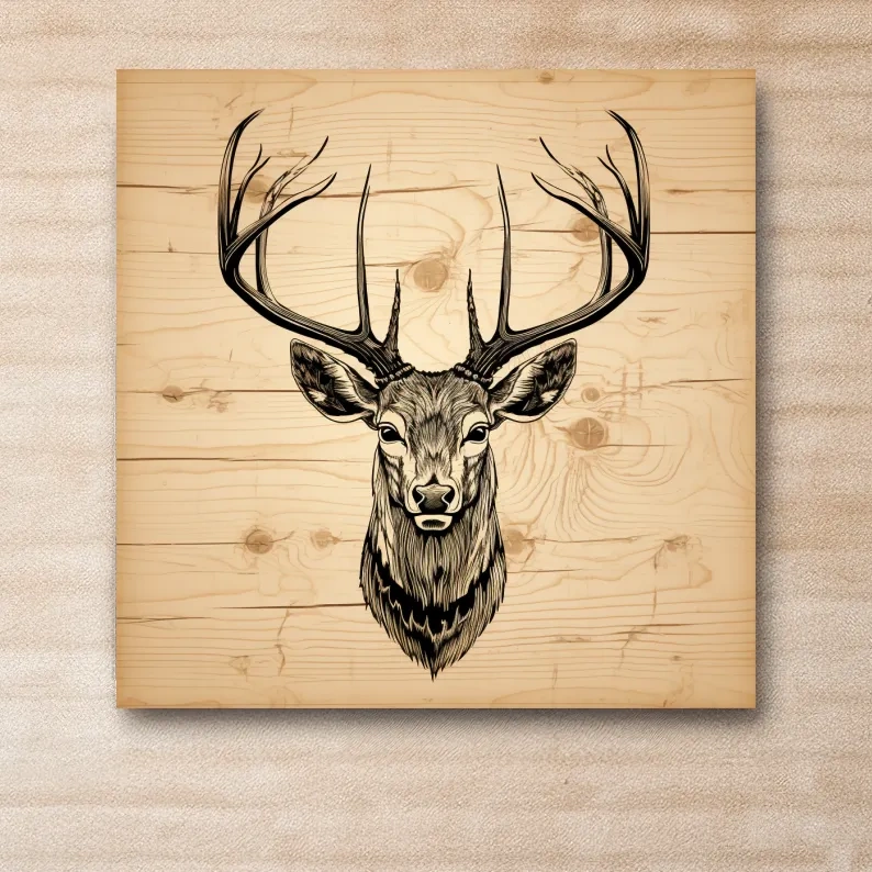 Engraved wood art of deer head