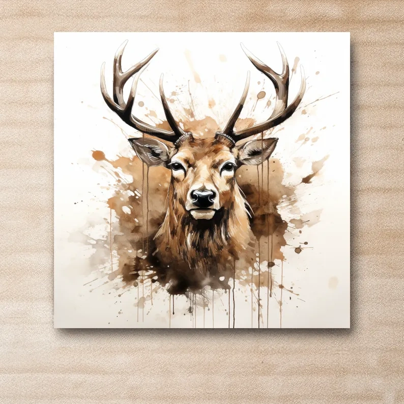 Splattered watercolour painting of a deers head