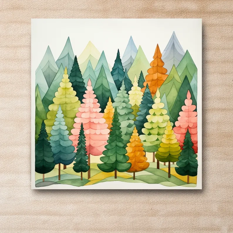 Watercolour style art of colorful dreamy forest