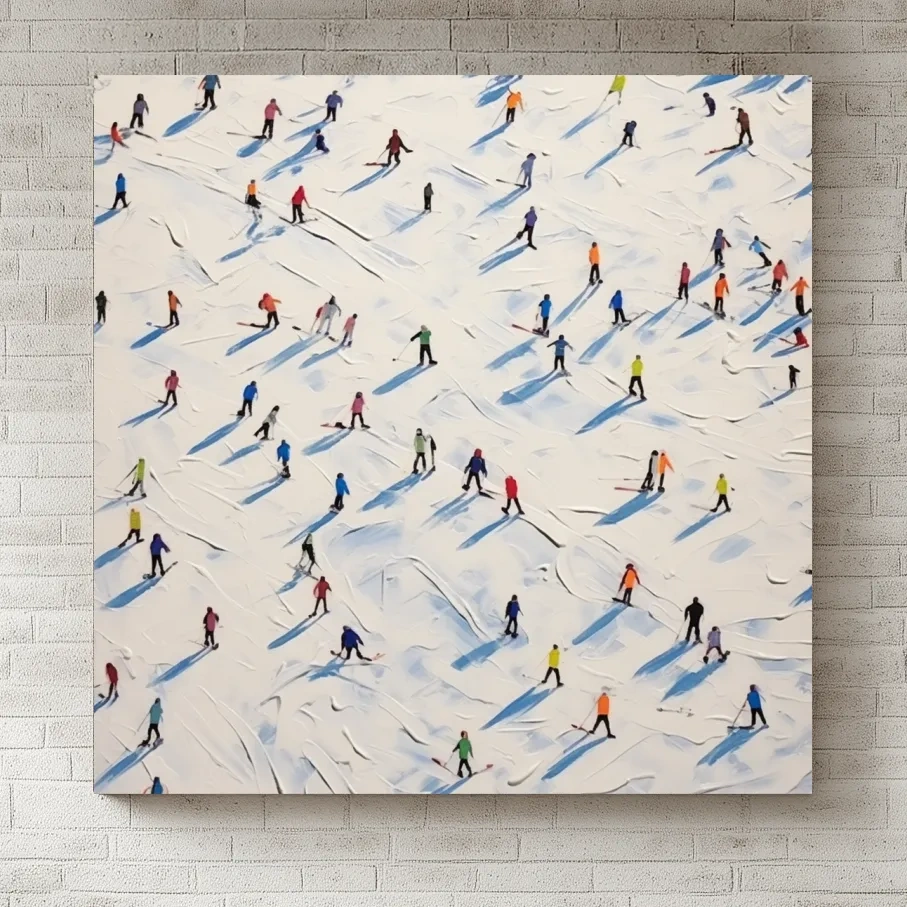 Tiny Skiers On Snowy Slopes - Modern Winter Sports Painting Wall Art