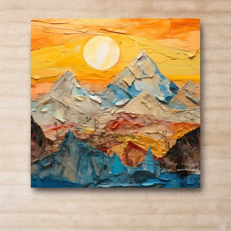Textured art paper mache effect, mountains at sunset canvas art