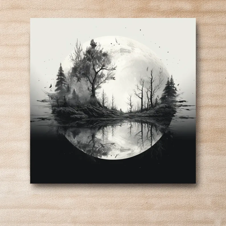 Surreal double exposure moon and forest drawing artwork