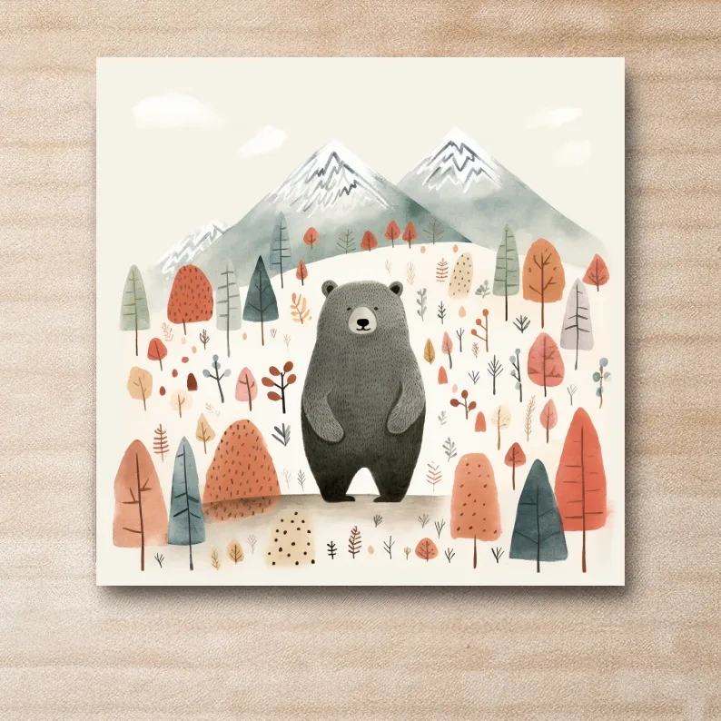 Nursery storybook art illustration of a black bear in the forest