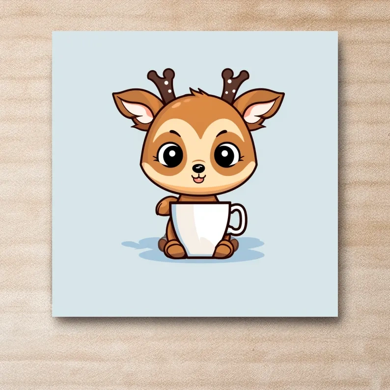 Cartoon illustration of a cute baby deer having morning coffee