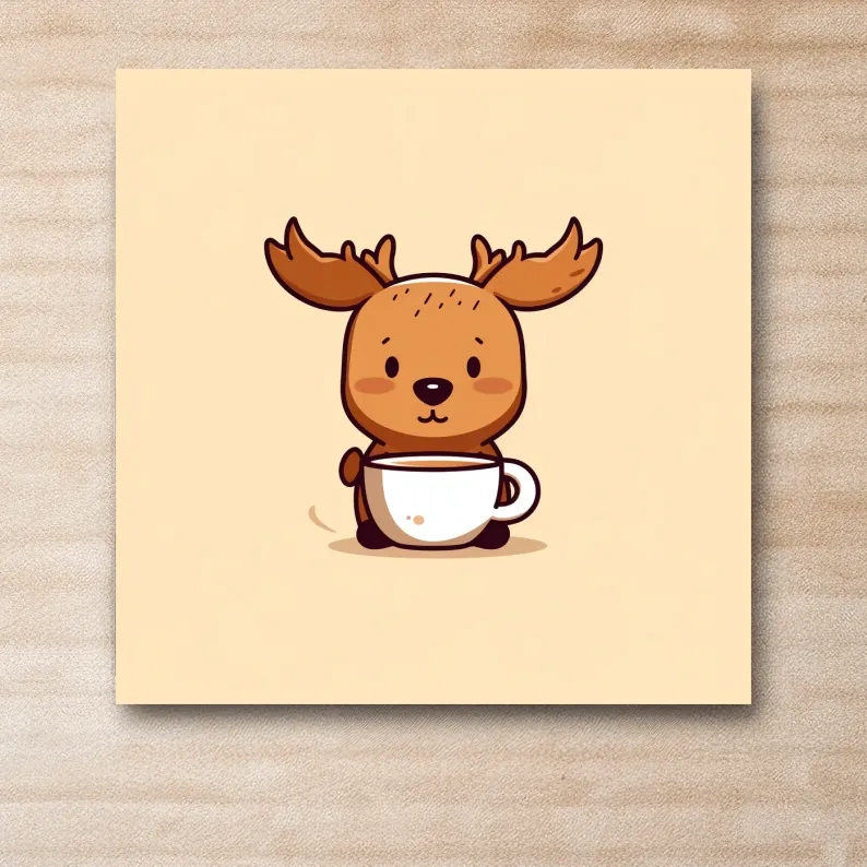 Cartoon illustration of a happy baby moose drinking coffee