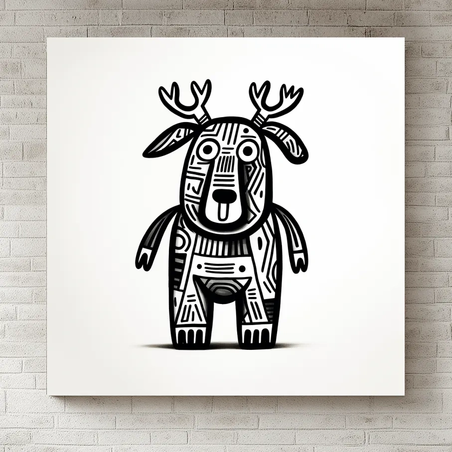 Whimsical Tribal Deer Illustration - Quirky Black And White Animal Wall Art