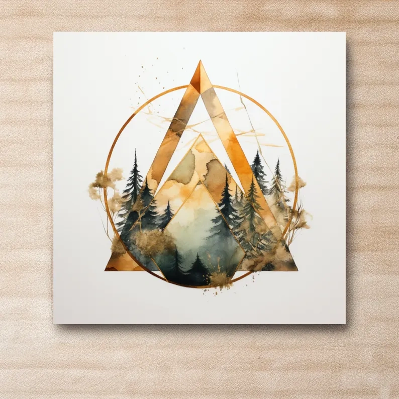 Geometric Watercolor Mountain Pine Forest - Modern Minimalist Nature Wall Art