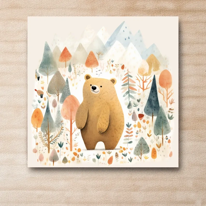 Cute quirky storybook nursery art, a brown bear in the mountains
