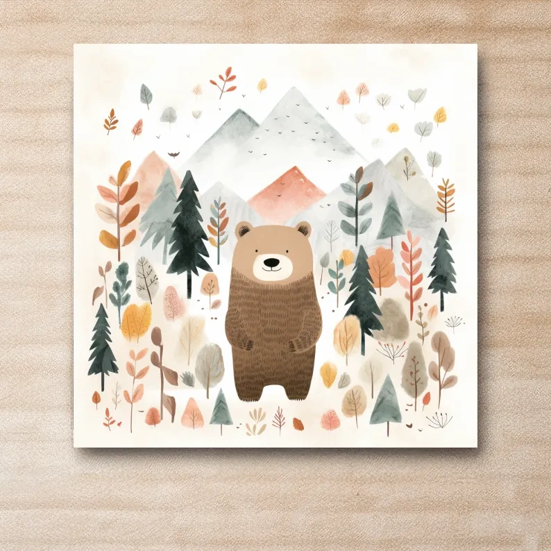 Nursery storybook art illustration of a brown bear in the forest