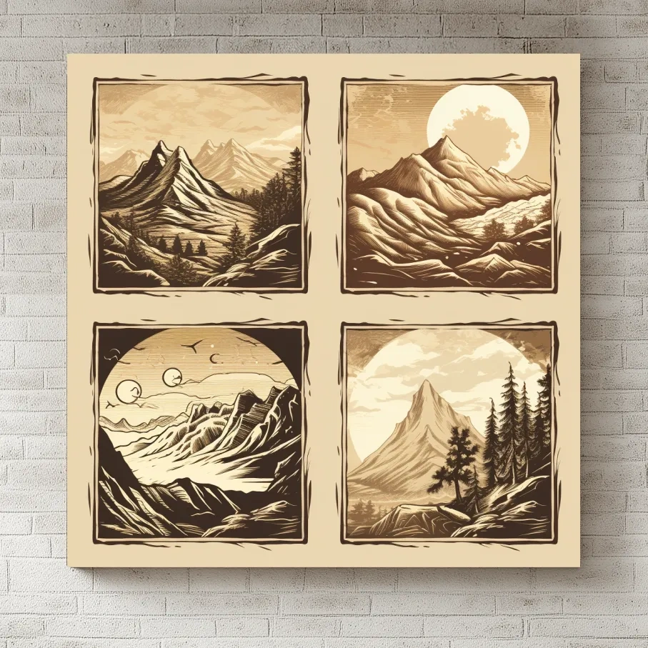 4x4 grid alpine mountain artwork, vector style illustrations, sepia tone