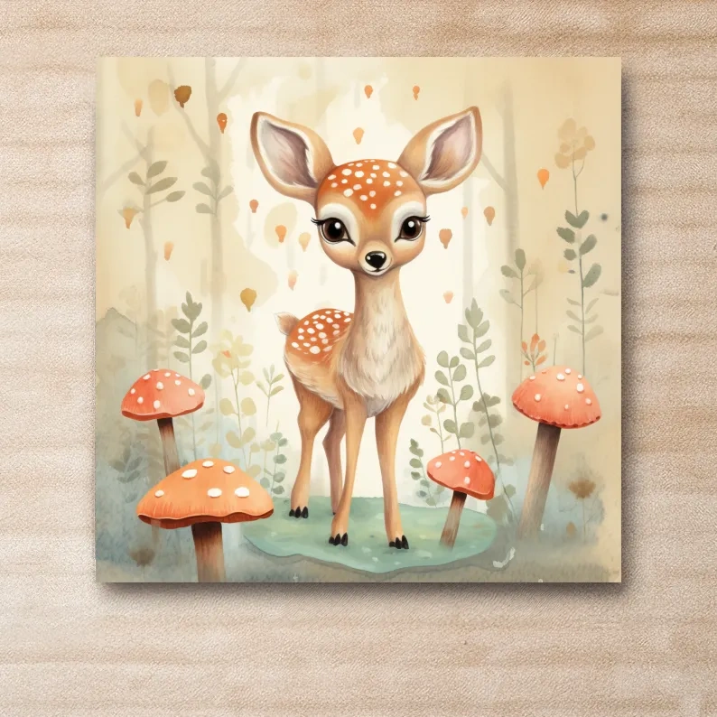 Nursery art, illustration of a cute baby fawn in the forest