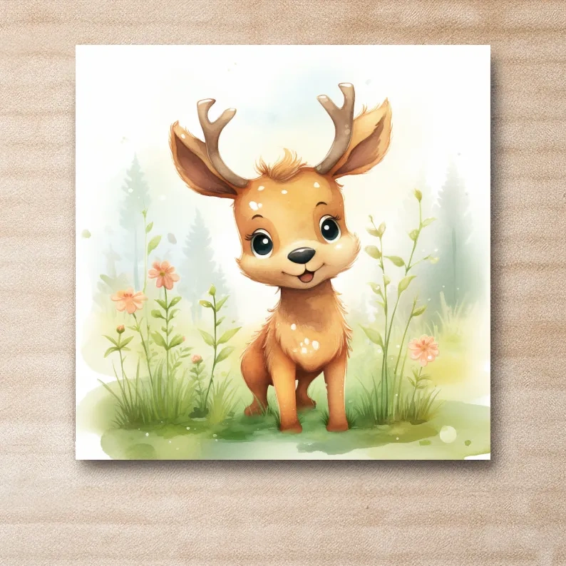 Water color nursery art painting, a cute baby deer sitting in the forest