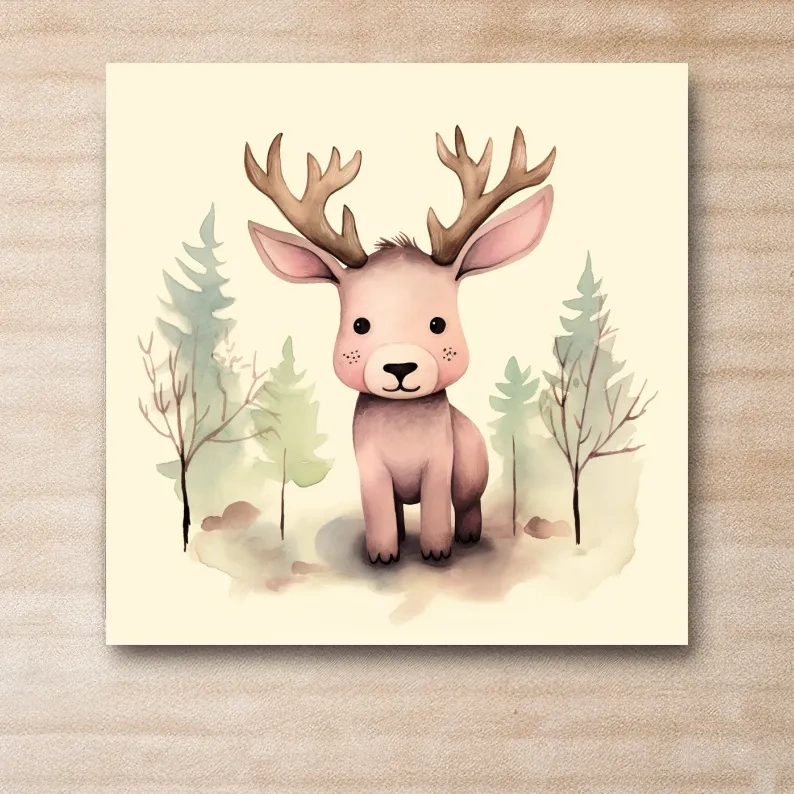 Childrens nursery art, an illustration of a cute baby moose in the forest