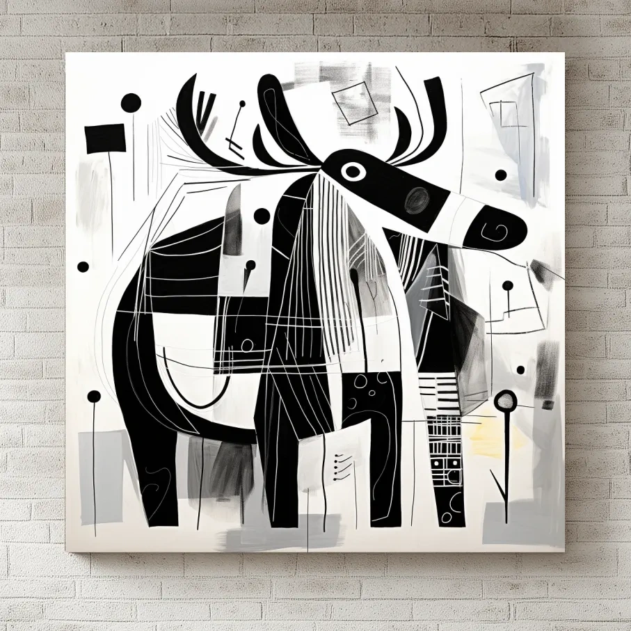 Abstract Monochrome Moose Illustration - Modern Geometric Wildlife Wall Art