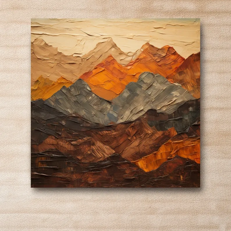 Textured impasto painting of earthy coloured mountains