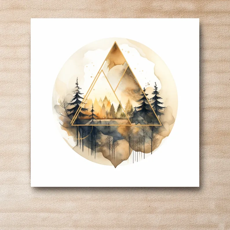 Rustic geometric forest watercolour painting, minimal and elegant