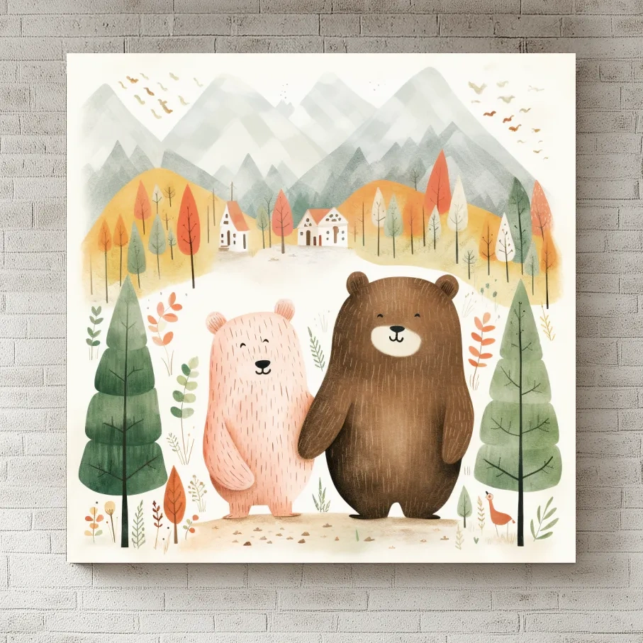 Cute Bear Couple Watercolor Illustration - Whimsical Mountain Forest Nursery Wall Art