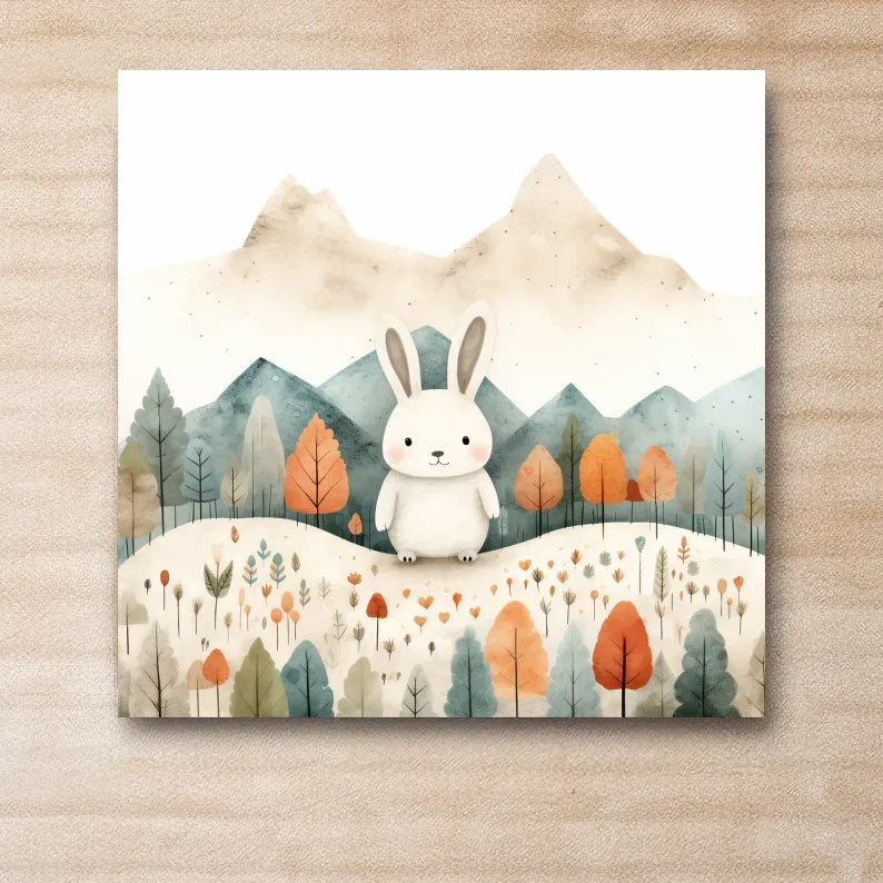Cute happy bunny in the mountains, childrens storybook illustration art 