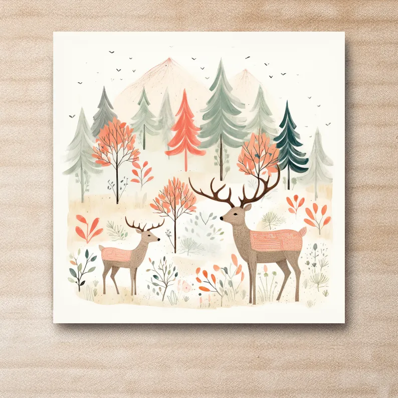Storybook nursery art illustration, deer family in the forest