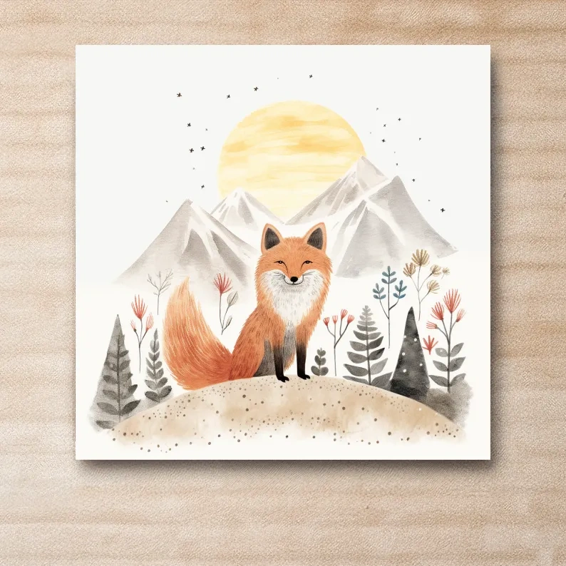 Cute quirky storybook nursery art, a happy fox in the mountains