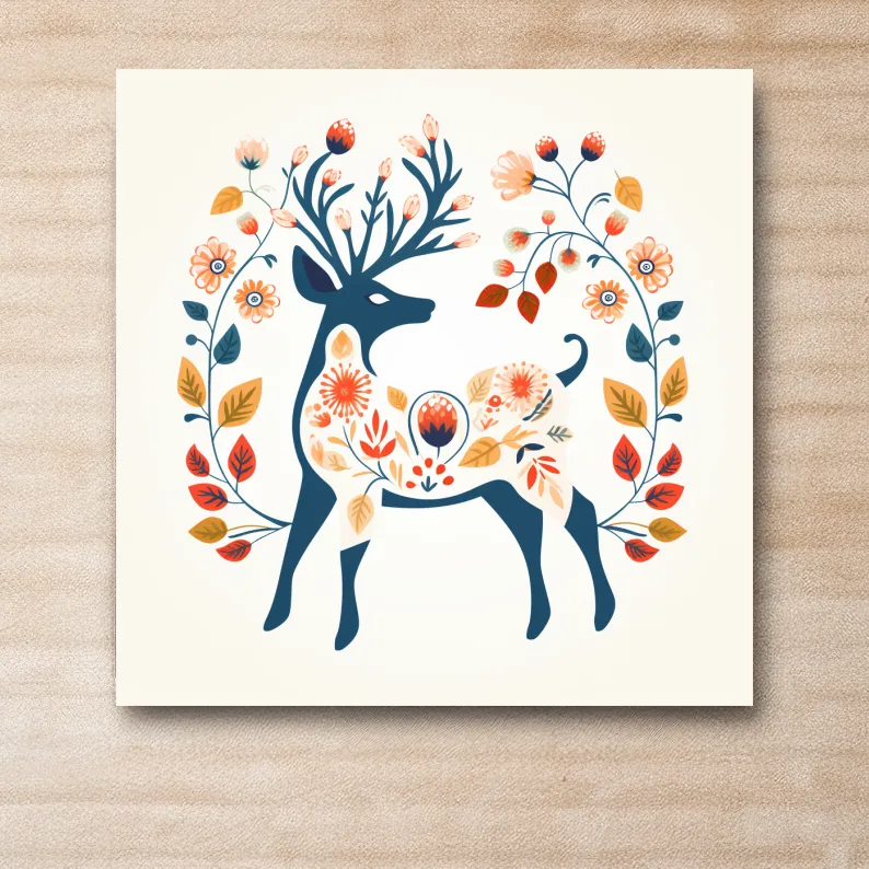 Deer and flowers print, folk style artwork