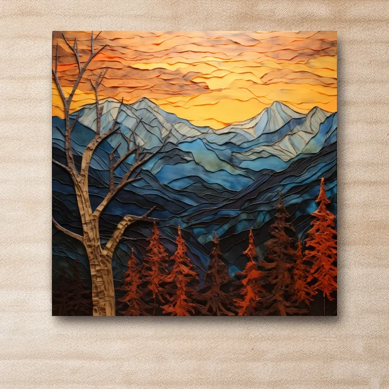 Alpine mountain sunset, layered mixed media style artwork