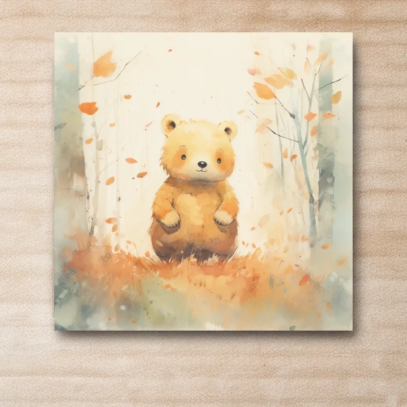 Cute bear cub in the forest, nursery watercolour style illustration art