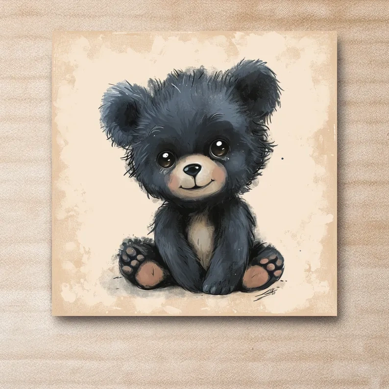 Nursery artwork, painting of a cute baby black bear cub