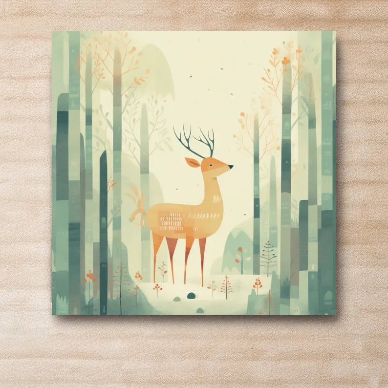 Deer in a forest, quirky nursery artwork illustration