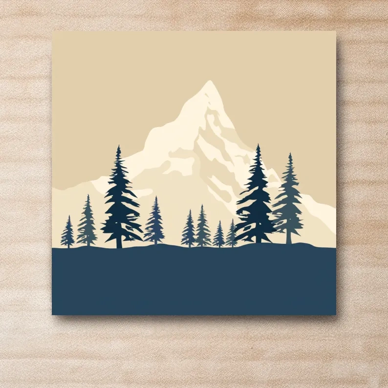 Treeline before the glacier, simple flatcolour 2d rustic mountain artwork