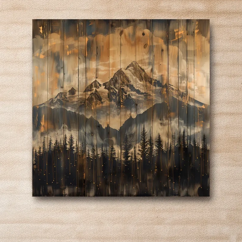 Mountain range cabin art, rustic wood burning effect, wooden panel style
